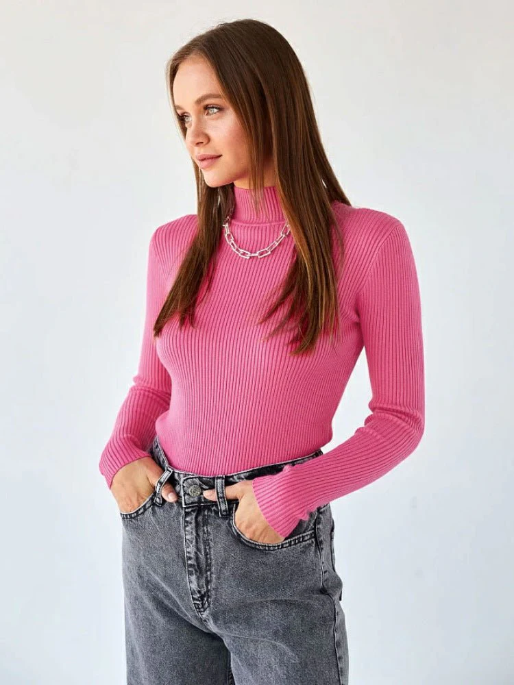 Solid color half turtleneck slim fit knitted winter top - Image 29