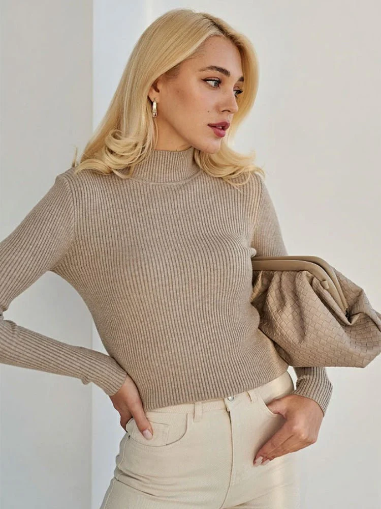 Solid color half turtleneck slim fit knitted winter top - Image 3