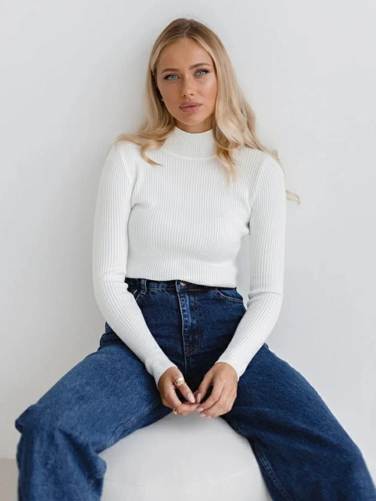 Solid color half turtleneck slim fit knitted winter top - Image 30