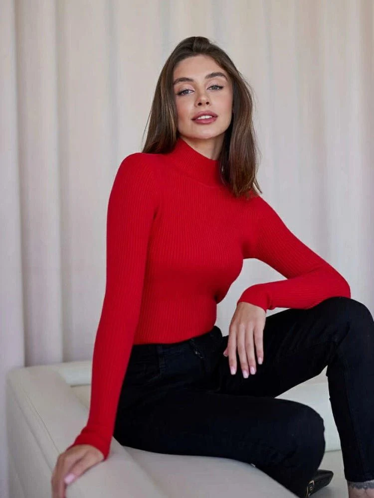 Solid color half turtleneck slim fit knitted winter top - Image 7