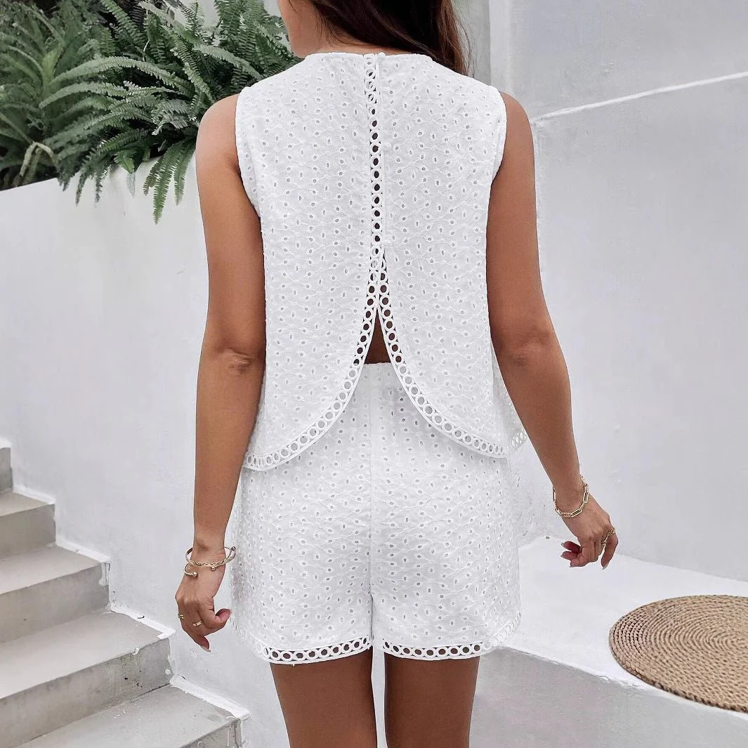 Solid Color Halter White Burning Flower Embroidered Vest Shorts Women's Summer Set Two-piece Set - Image 2