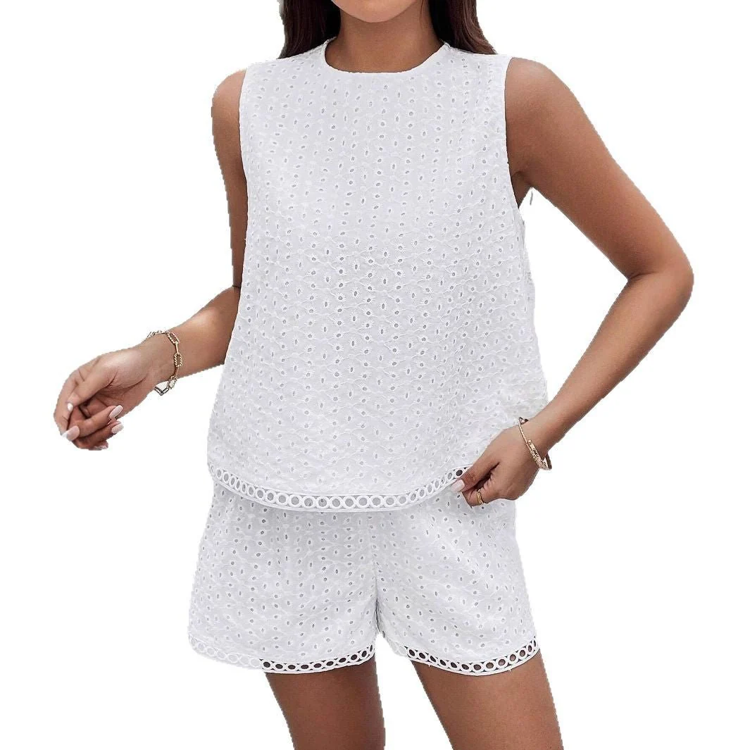 Solid Color Halter White Burning Flower Embroidered Vest Shorts Women's Summer Set Two-piece Set - Image 5