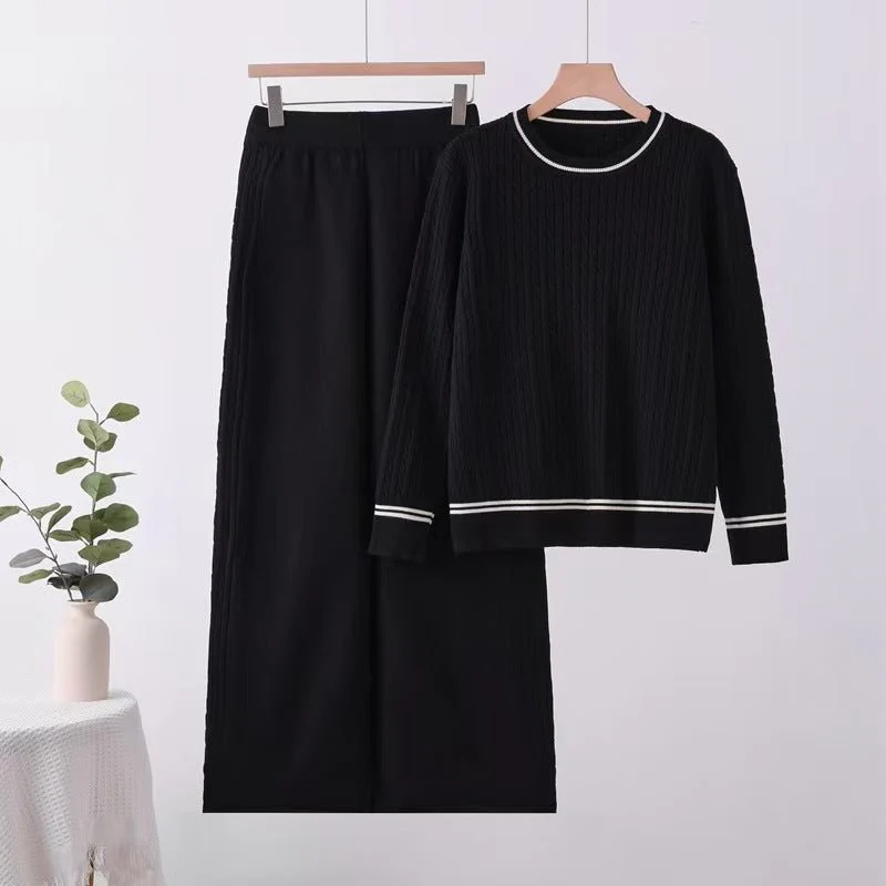 Solid color knitted long-sleeved top wide-leg pants loose and thin suit comfortable co-ord
