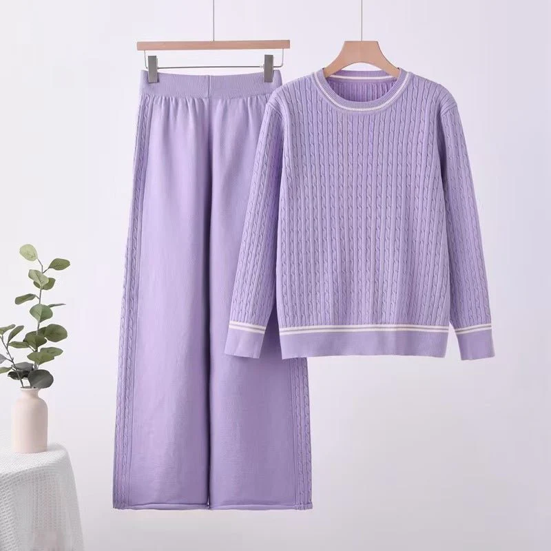 Solid color knitted long-sleeved top wide-leg pants loose and thin suit comfortable co-ord - Image 2