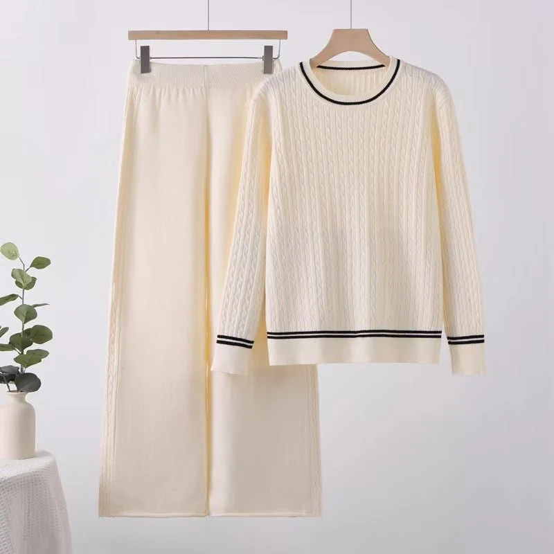 Solid color knitted long-sleeved top wide-leg pants loose and thin suit comfortable co-ord - Image 3