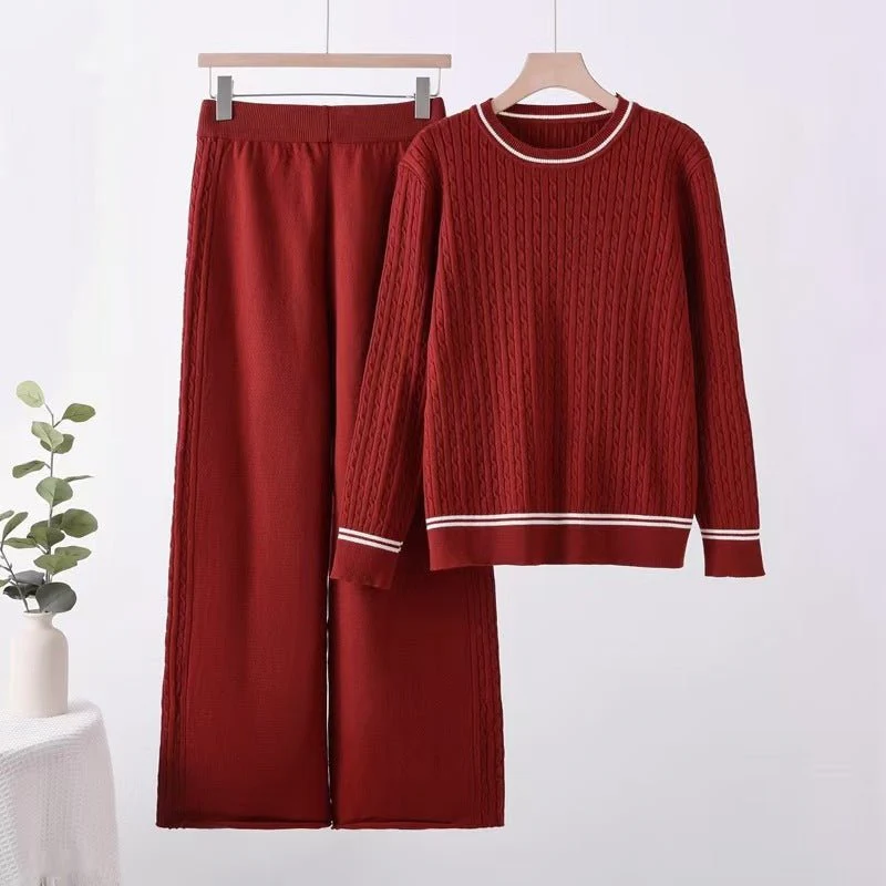 Solid color knitted long-sleeved top wide-leg pants loose and thin suit comfortable co-ord - Image 4