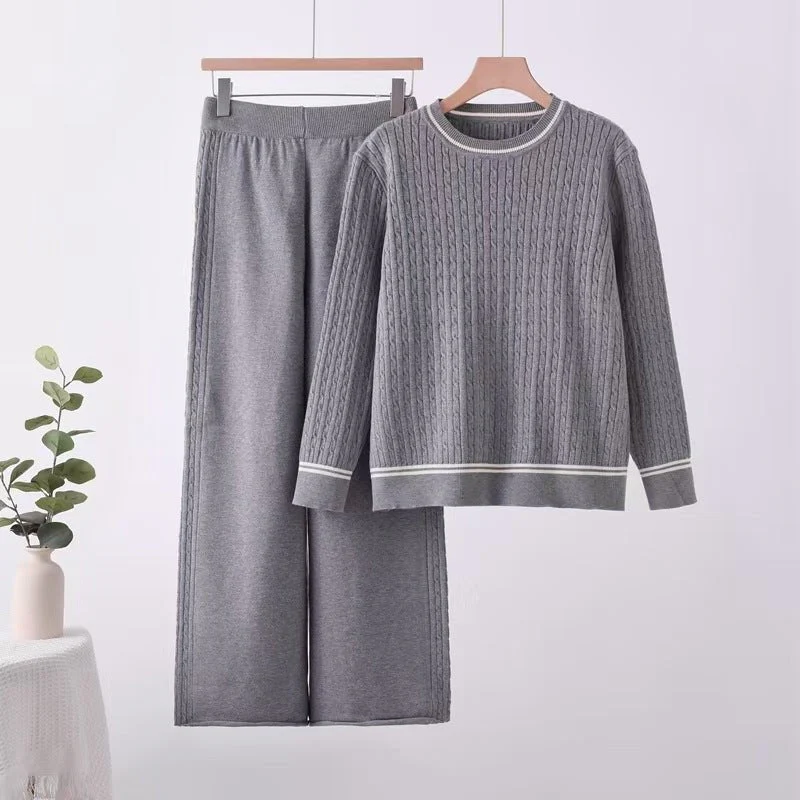 Solid color knitted long-sleeved top wide-leg pants loose and thin suit comfortable co-ord - Image 6
