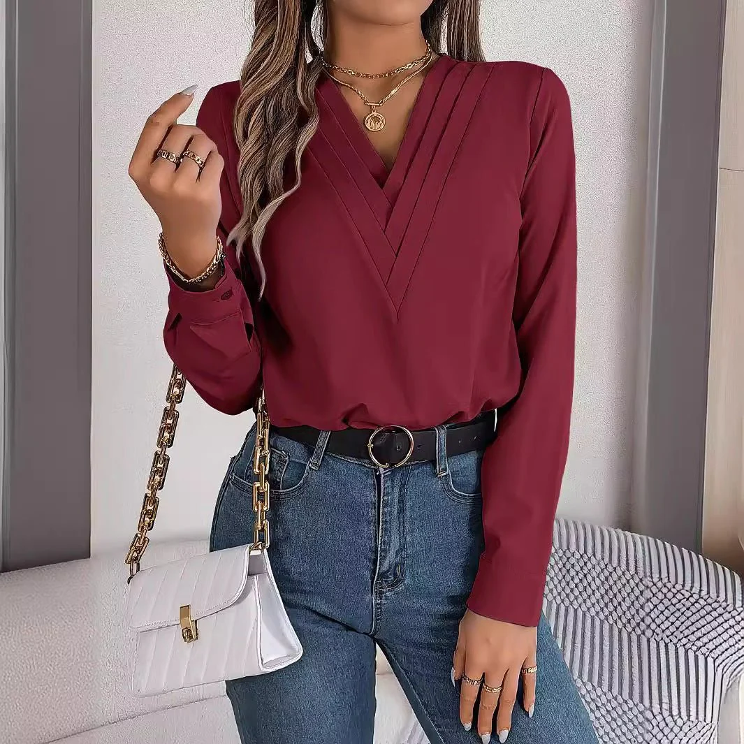 Solid color layered V-neck long-sleeved shirt - Image 8