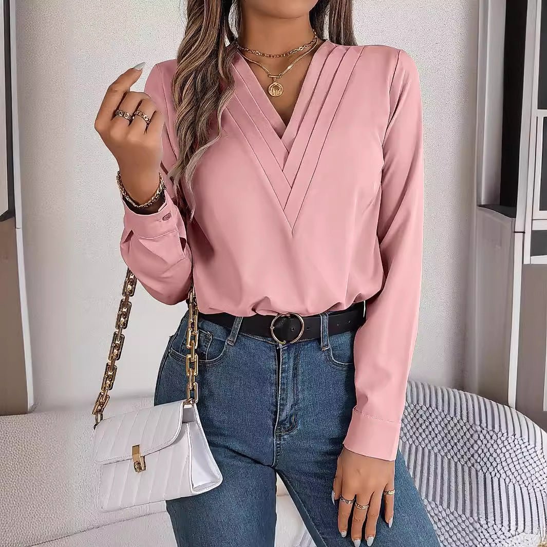 Solid color layered V-neck long-sleeved shirt - Image 9