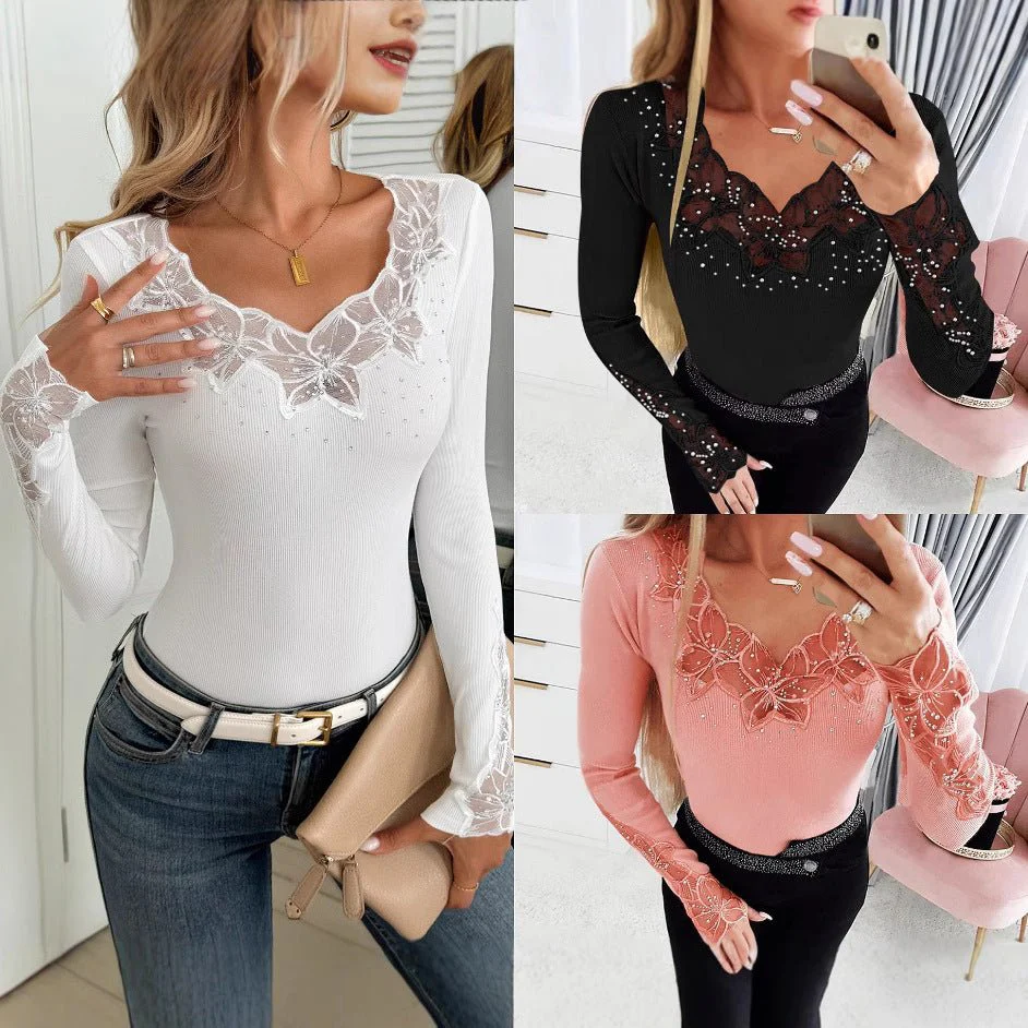 Solid color neckline and cuffs splicing lace lace hot diamond long-sleeved T-shirt top