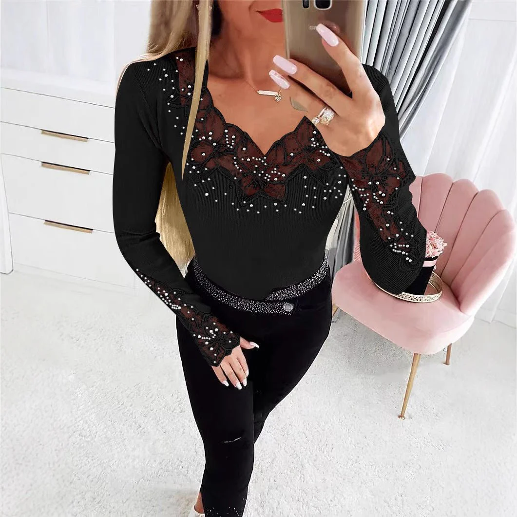 Solid color neckline and cuffs splicing lace lace hot diamond long-sleeved T-shirt top - Image 2