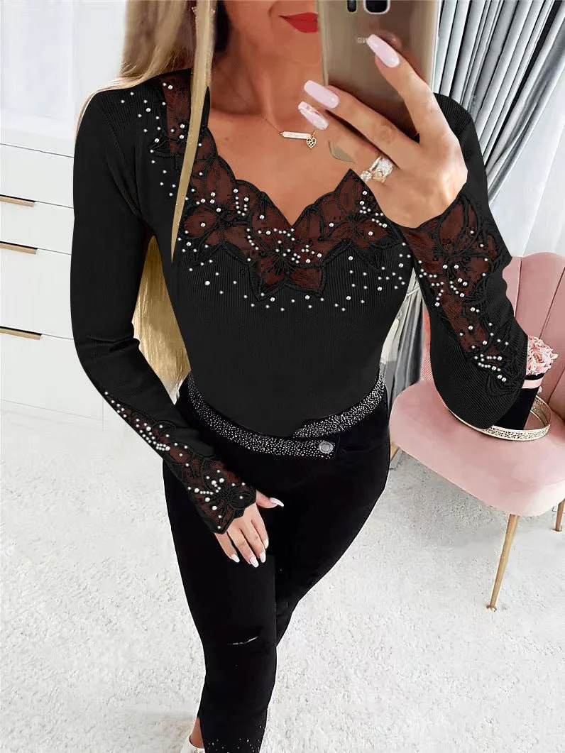 Solid color neckline and cuffs splicing lace lace hot diamond long-sleeved T-shirt top - Image 7