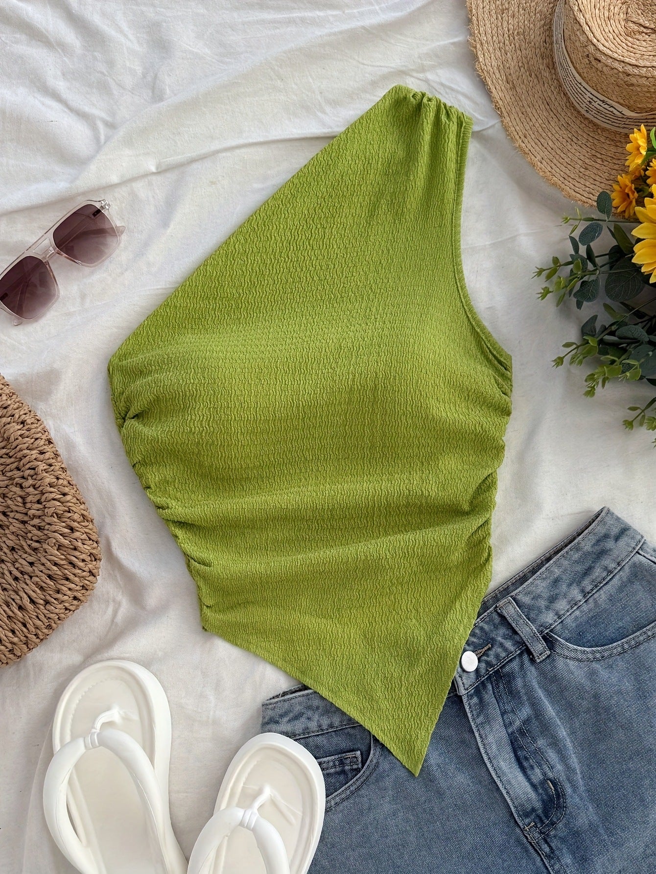 Solid Color One-Shoulder Asymmetrical Hem Knit Sleeveless Top Ruched T-Shirt Vest - Image 2