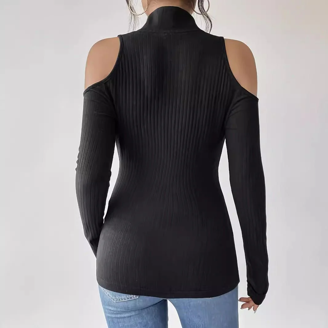 Solid color pit strip free zipper stand-up collar off-the-shoulder long-sleeved T-shirt looks thin - Image 2