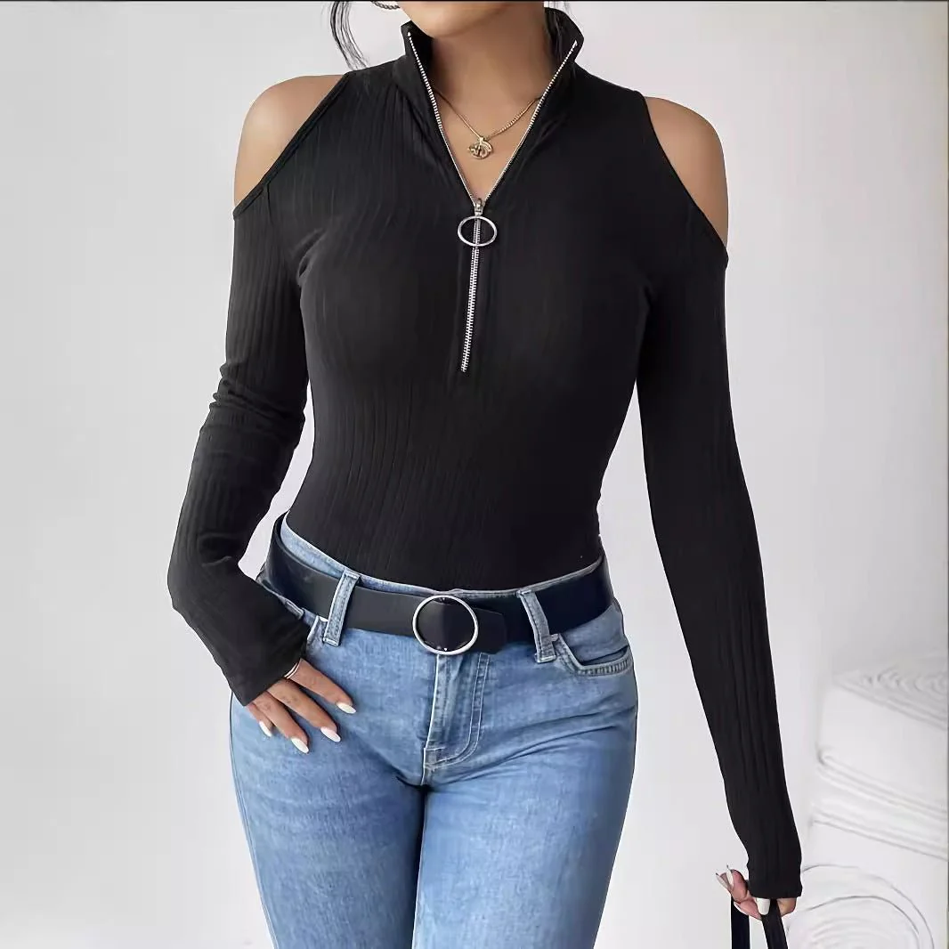 Solid color pit strip free zipper stand-up collar off-the-shoulder long-sleeved T-shirt looks thin - Image 3