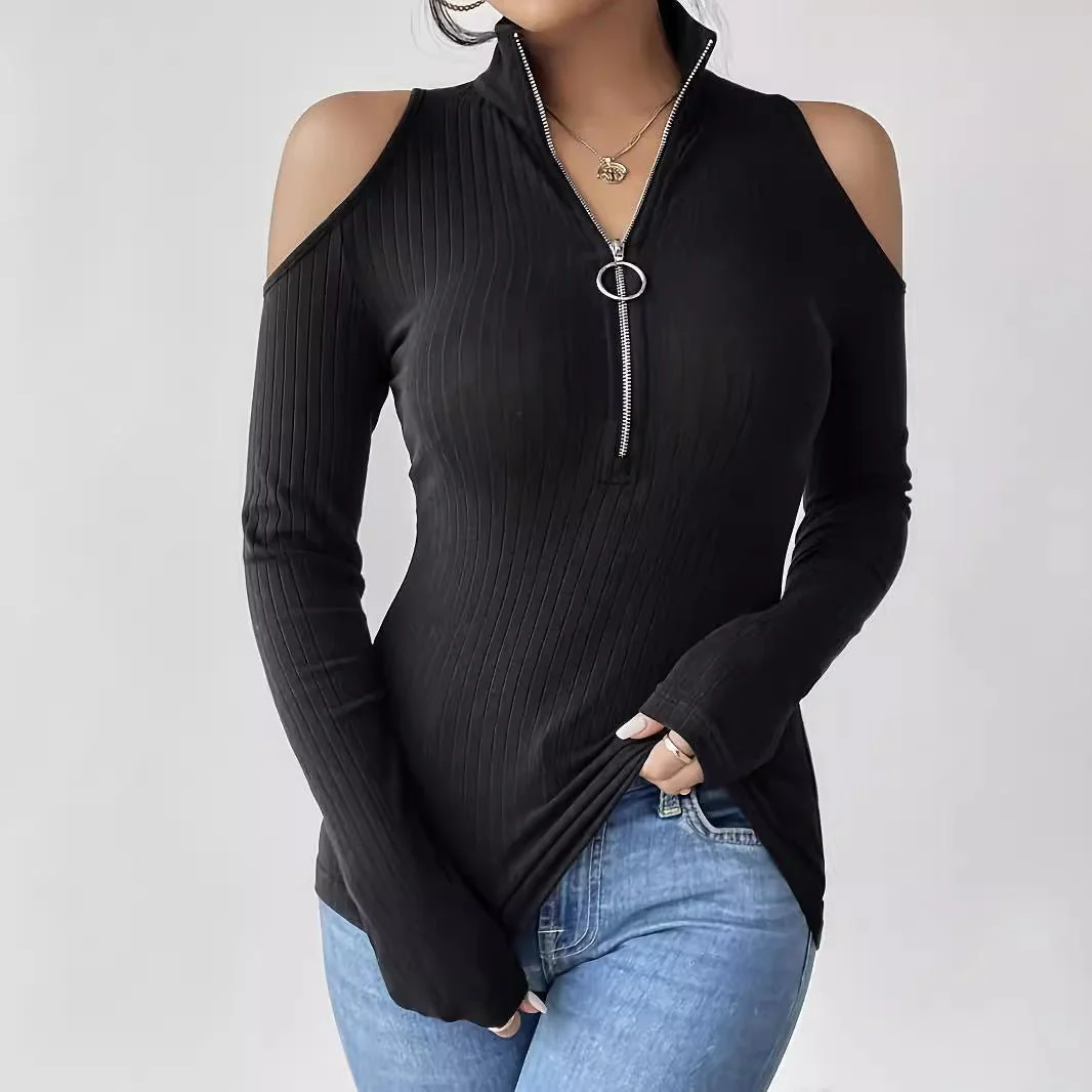 Solid color pit strip free zipper stand-up collar off-the-shoulder long-sleeved T-shirt looks thin - Image 4