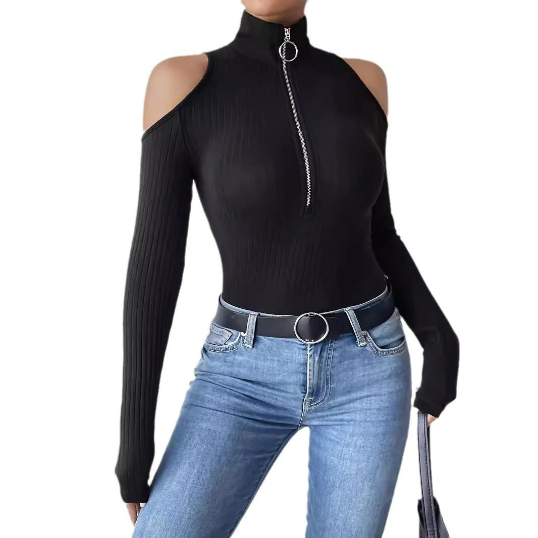 Solid color pit strip free zipper stand-up collar off-the-shoulder long-sleeved T-shirt looks thin - Image 5