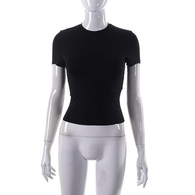 Solid color round neck short sleeve basic T-shirt top FD - Image 2