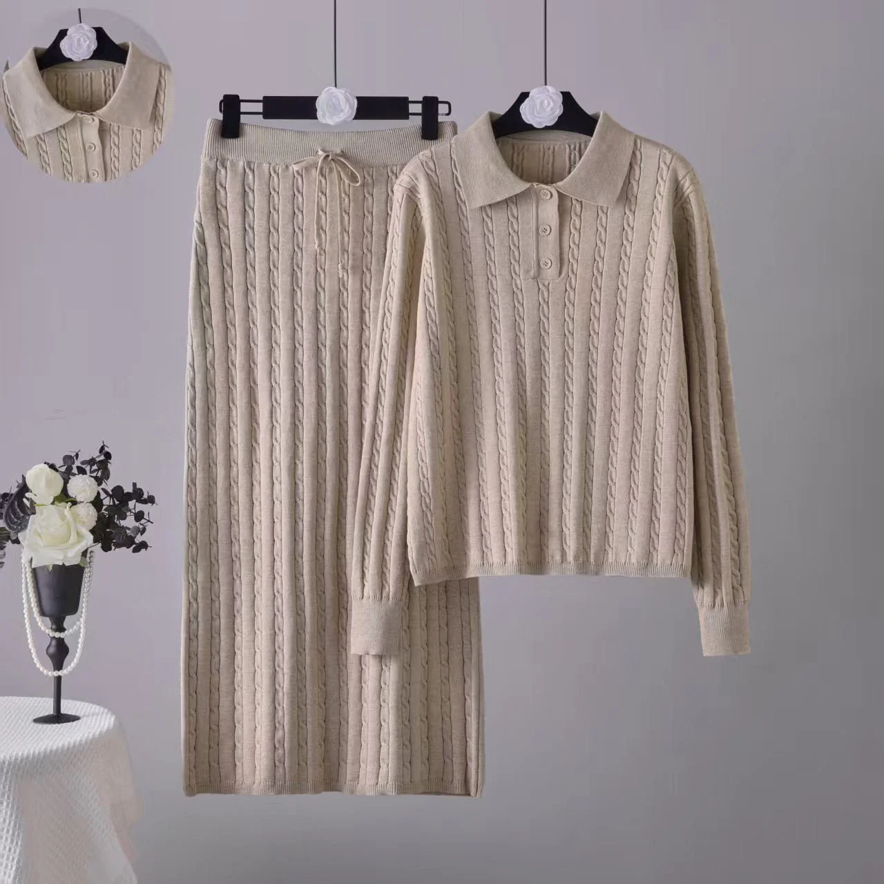 Solid color simple high-end polo neck knitted twist top straight skirt two-piece set - Image 3