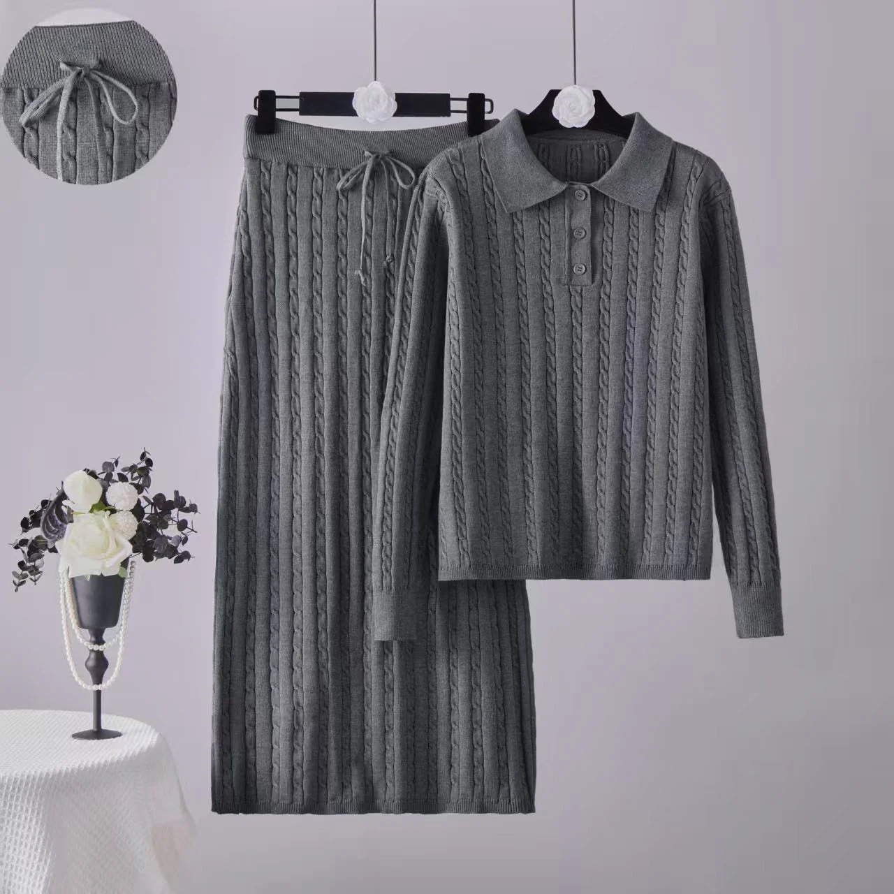 Solid color simple high-end polo neck knitted twist top straight skirt two-piece set FD