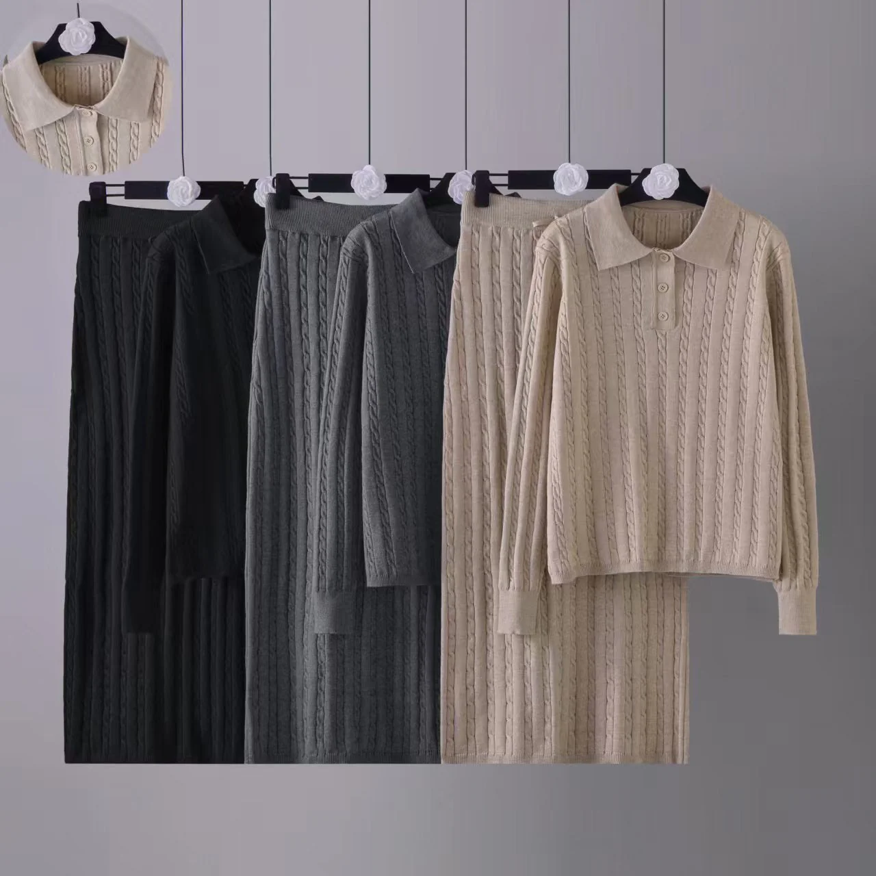 Solid color simple high-end polo neck knitted twist top straight skirt two-piece set FD - Image 2