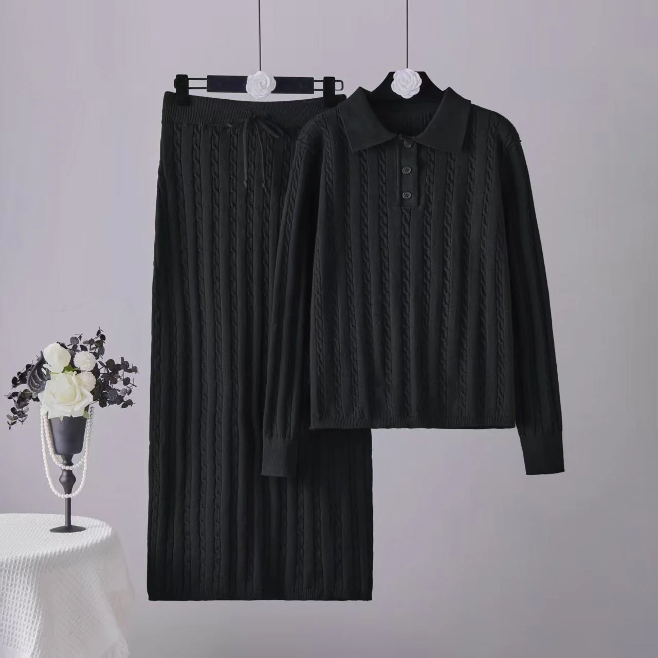 Solid color simple high-end polo neck knitted twist top straight skirt two-piece set FD - Image 4