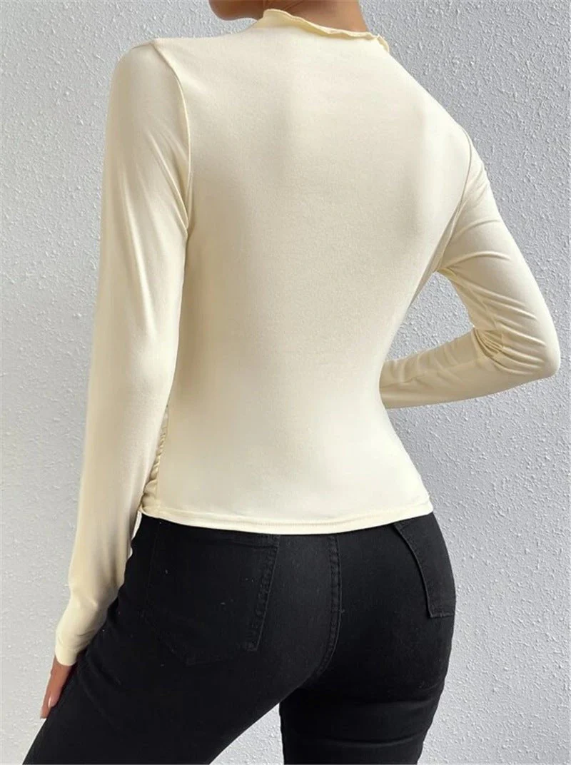Solid color slim bottoming shirt versatile pleated design long-sleeved T-shirt - Image 11