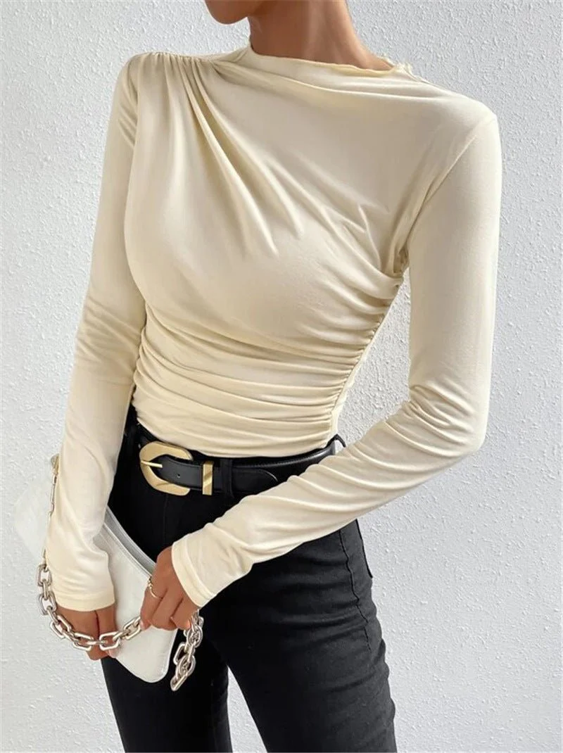 Solid color slim bottoming shirt versatile pleated design long-sleeved T-shirt - Image 13