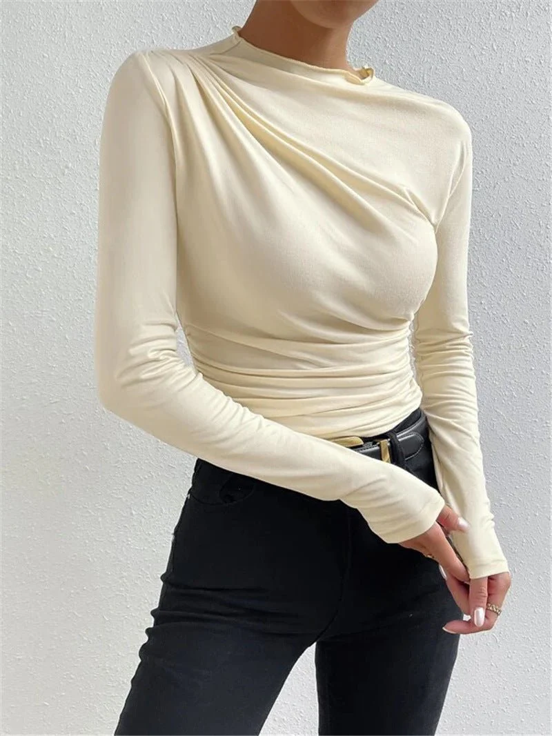 Solid color slim bottoming shirt versatile pleated design long-sleeved T-shirt - Image 14
