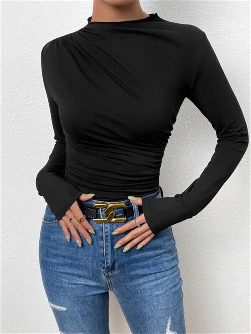 Solid color slim bottoming shirt versatile pleated design long-sleeved T-shirt - Image 19
