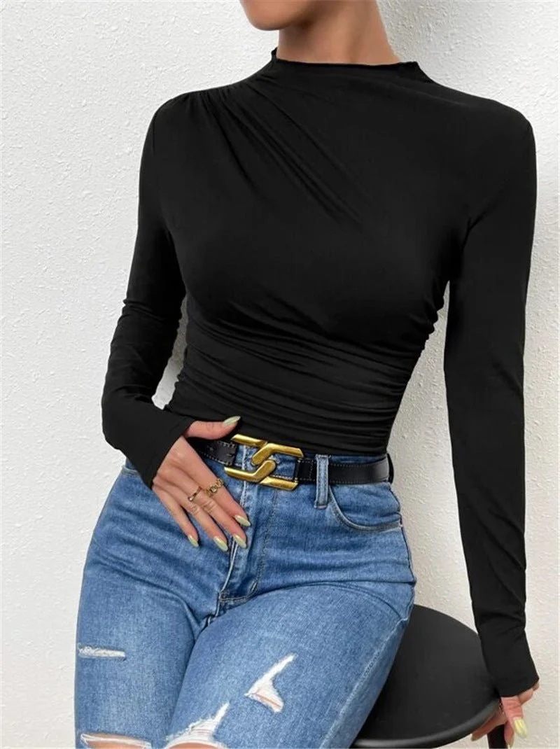 Solid color slim bottoming shirt versatile pleated design long-sleeved T-shirt - Image 22