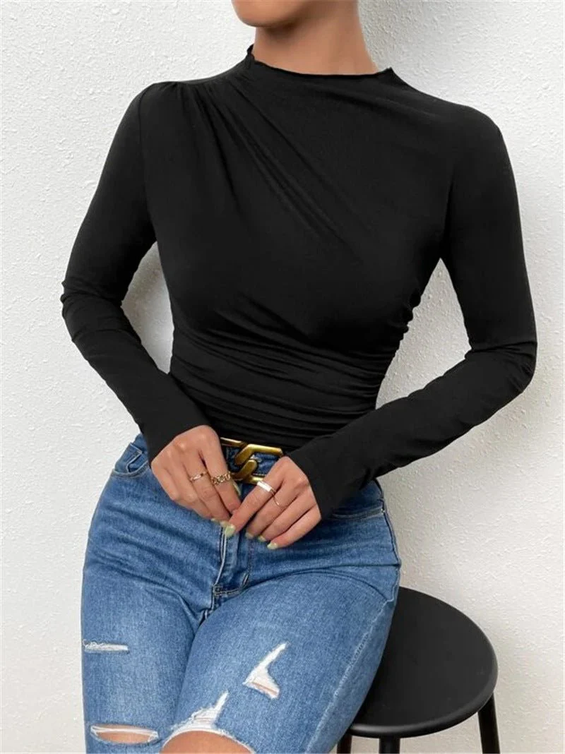 Solid color slim bottoming shirt versatile pleated design long-sleeved T-shirt - Image 23