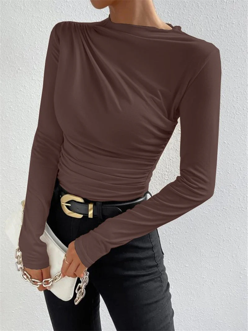Solid color slim bottoming shirt versatile pleated design long-sleeved T-shirt - Image 25