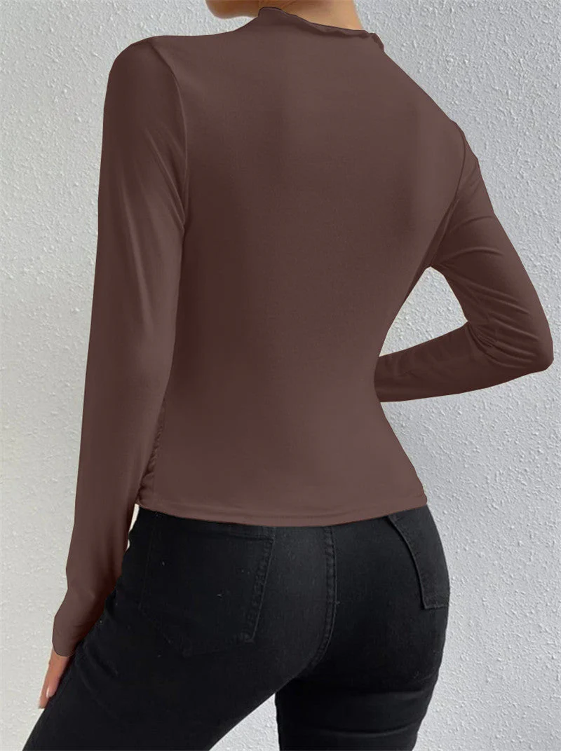 Solid color slim bottoming shirt versatile pleated design long-sleeved T-shirt - Image 27