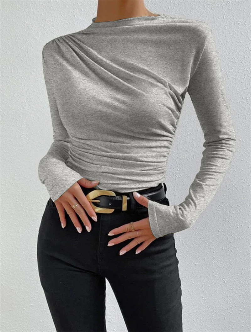 Solid color slim bottoming shirt versatile pleated design long-sleeved T-shirt - Image 28
