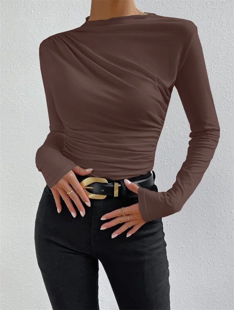 Solid color slim bottoming shirt versatile pleated design long-sleeved T-shirt - Image 3