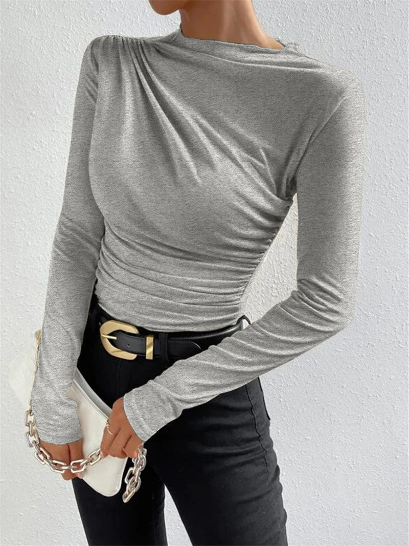 Solid color slim bottoming shirt versatile pleated design long-sleeved T-shirt FD - Image 2