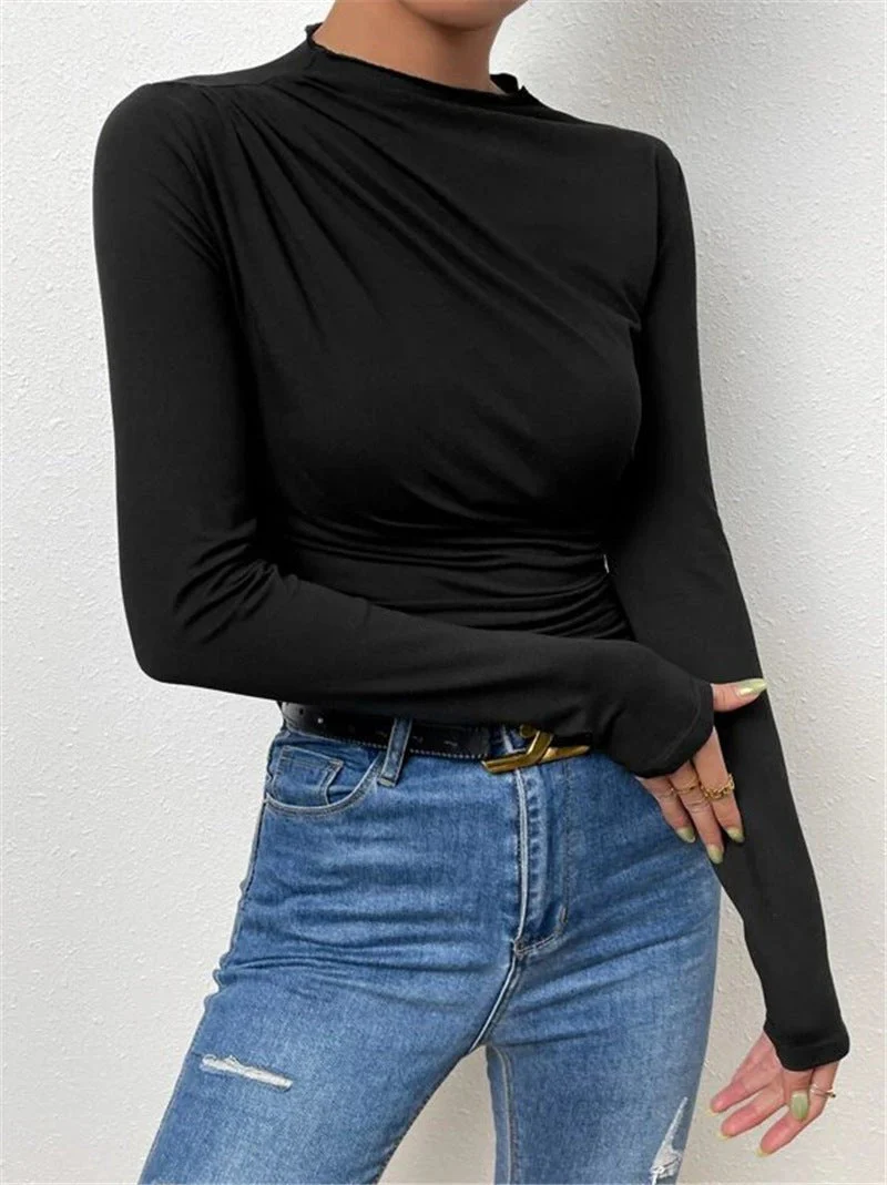 Solid color slim bottoming shirt versatile pleated design long-sleeved T-shirt FD - Image 4