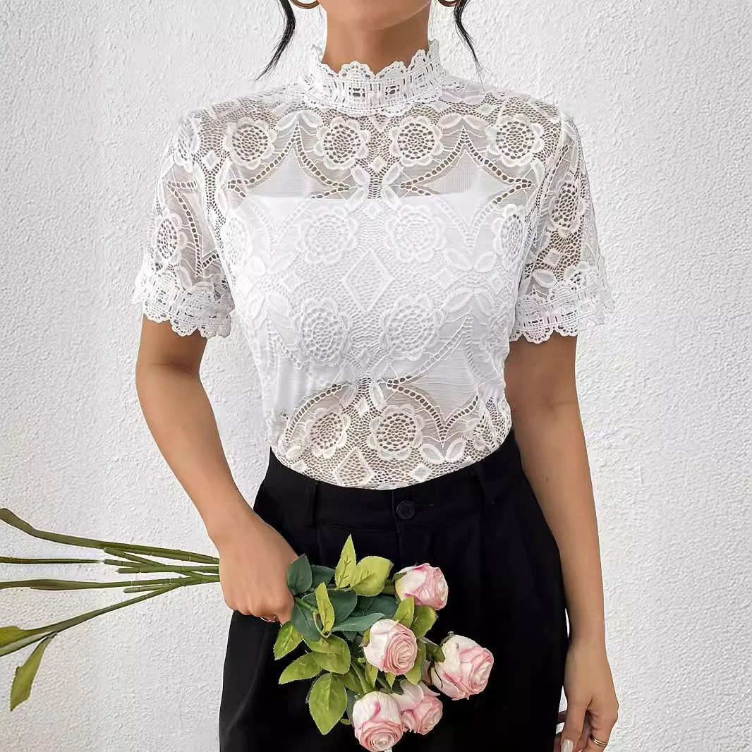Solid color small stand-up collar lace splicing lace short-sleeved T-shirt top women's clothing