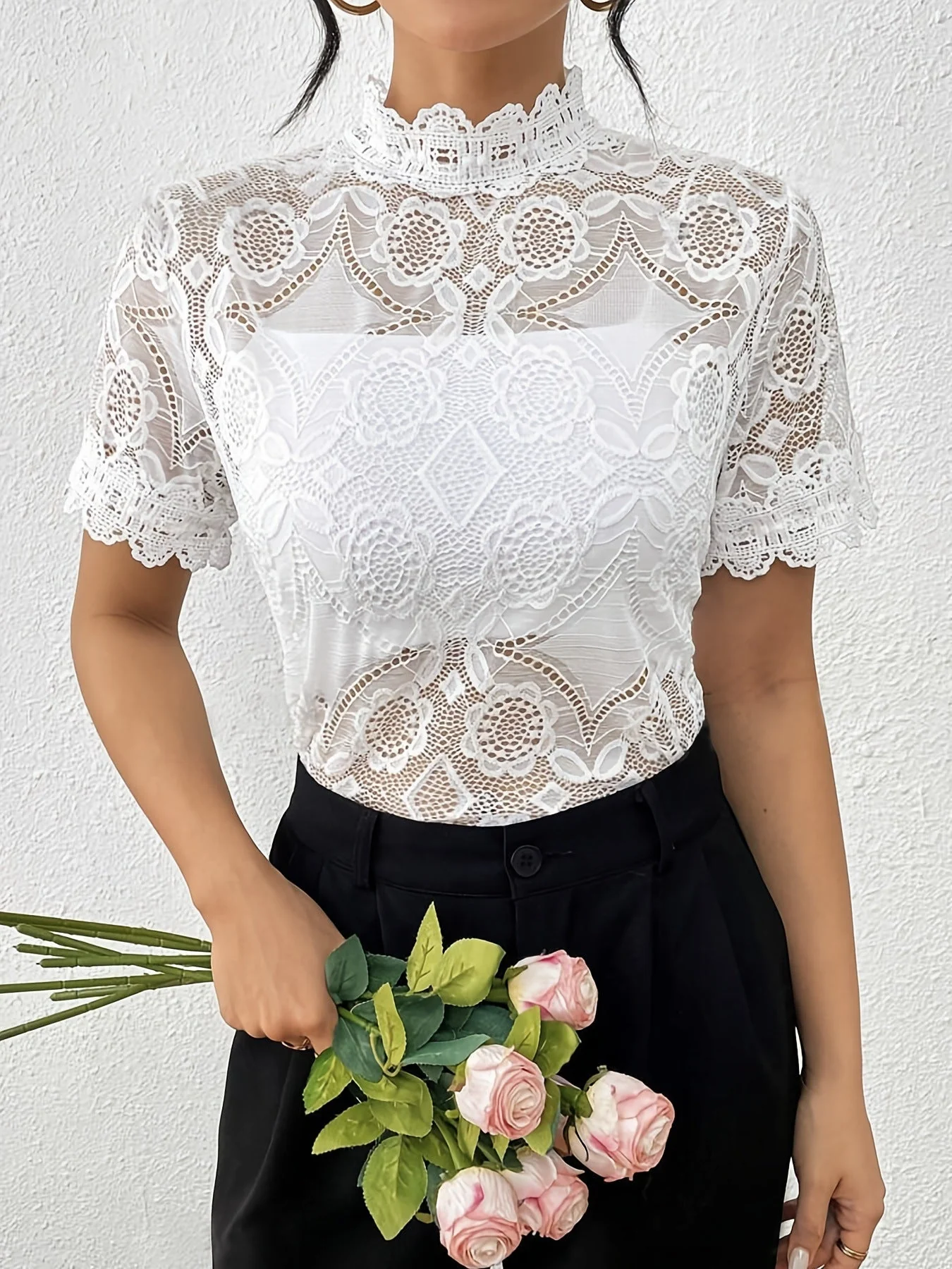 Solid color small stand-up collar lace splicing lace short-sleeved T-shirt top women's clothing - Image 6