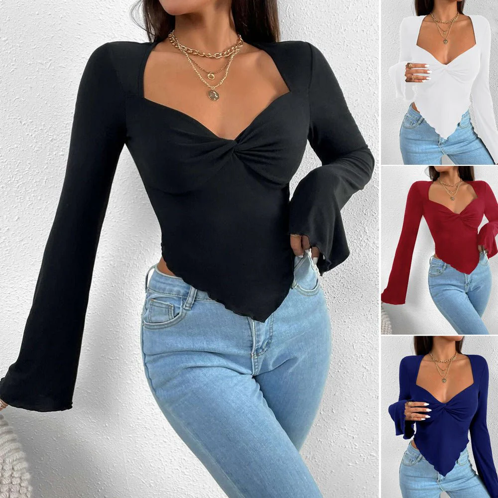Solid Color V-Neck Horn Sleeve T-Shirt