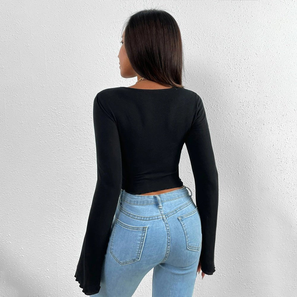 Solid Color V-Neck Horn Sleeve T-Shirt - Image 2