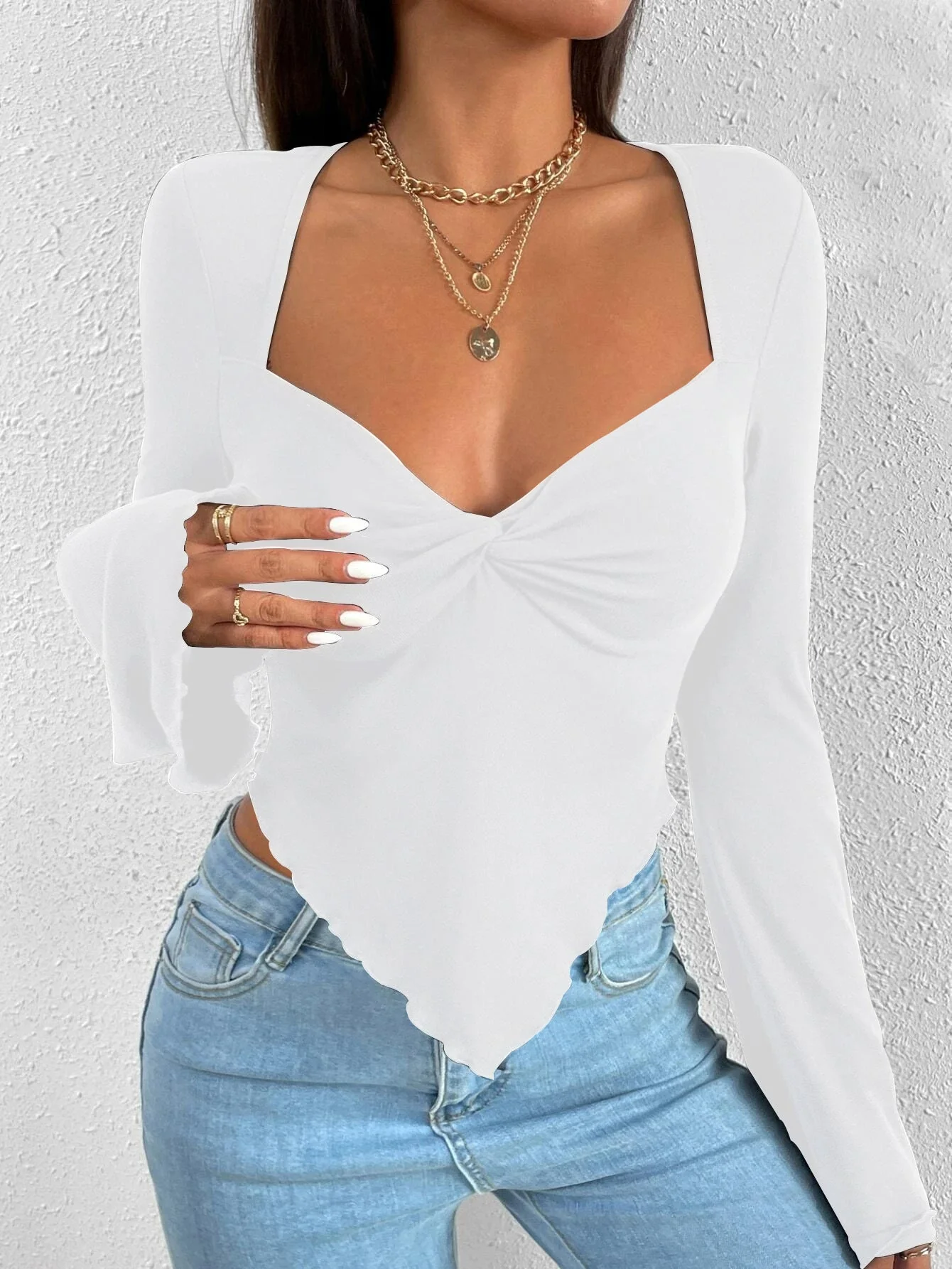 Solid Color V-Neck Horn Sleeve T-Shirt - Image 6
