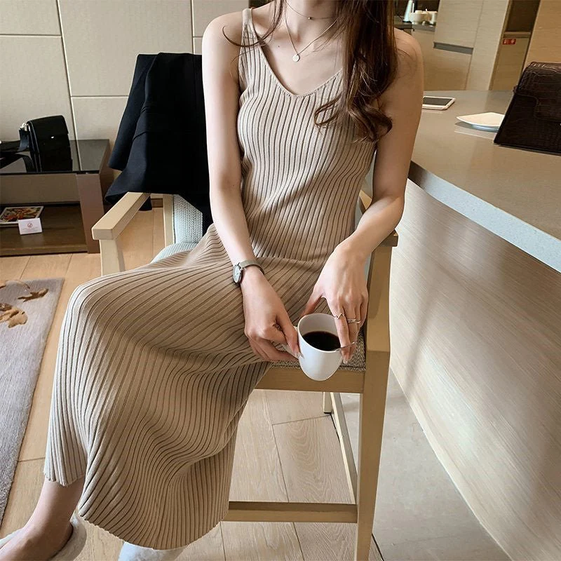 Solid color V-Neck knitted bodycon dress FD - Image 5
