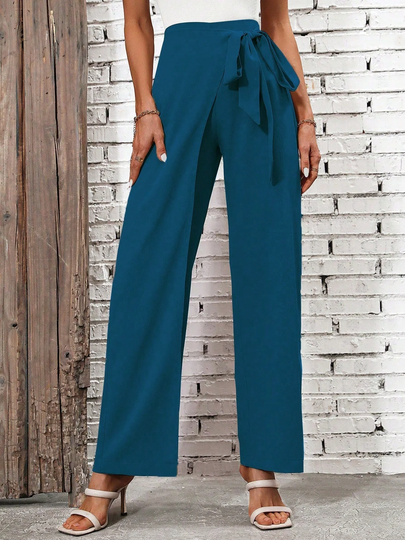 Solid Color Wrapped Tie Straight-Leg Pants - Image 10