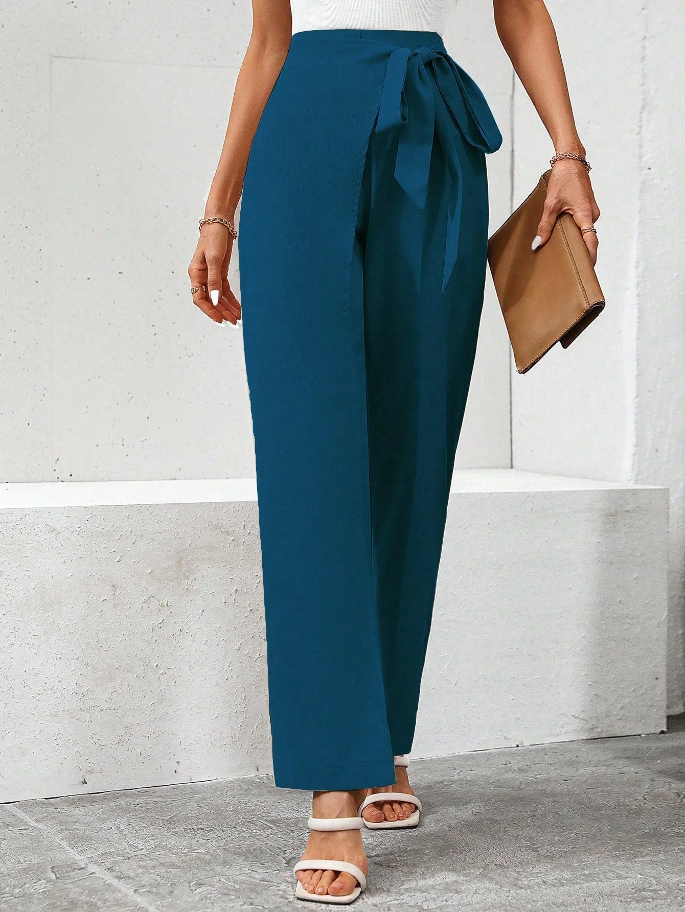 Solid Color Wrapped Tie Straight-Leg Pants - Image 11