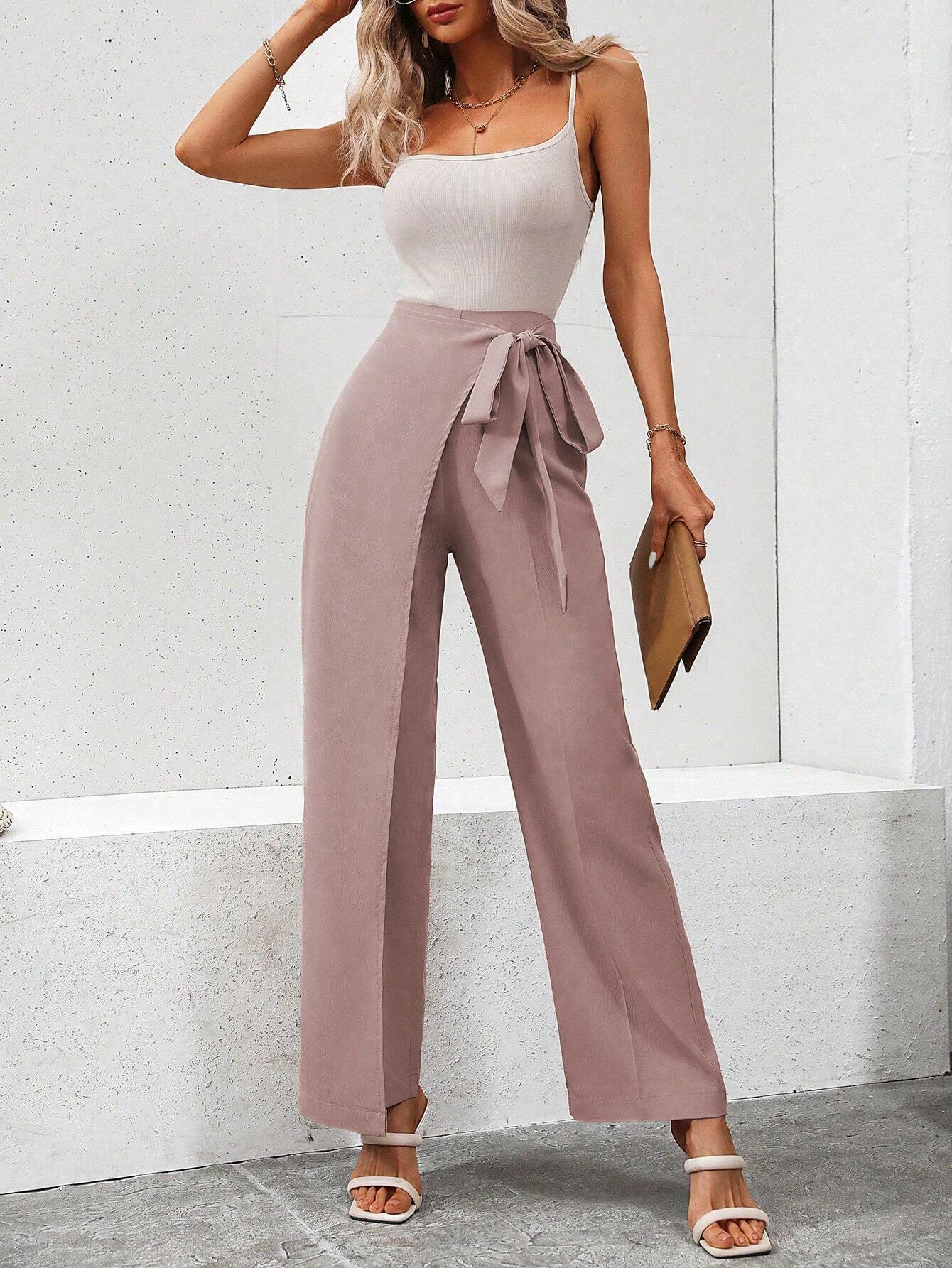 Solid Color Wrapped Tie Straight-Leg Pants - Image 14