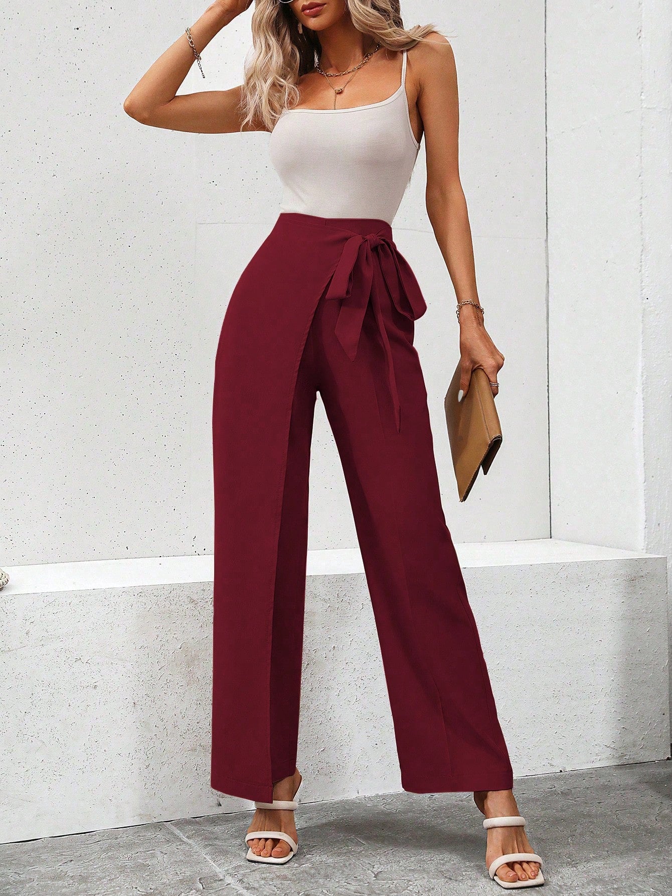 Solid Color Wrapped Tie Straight-Leg Pants - Image 5