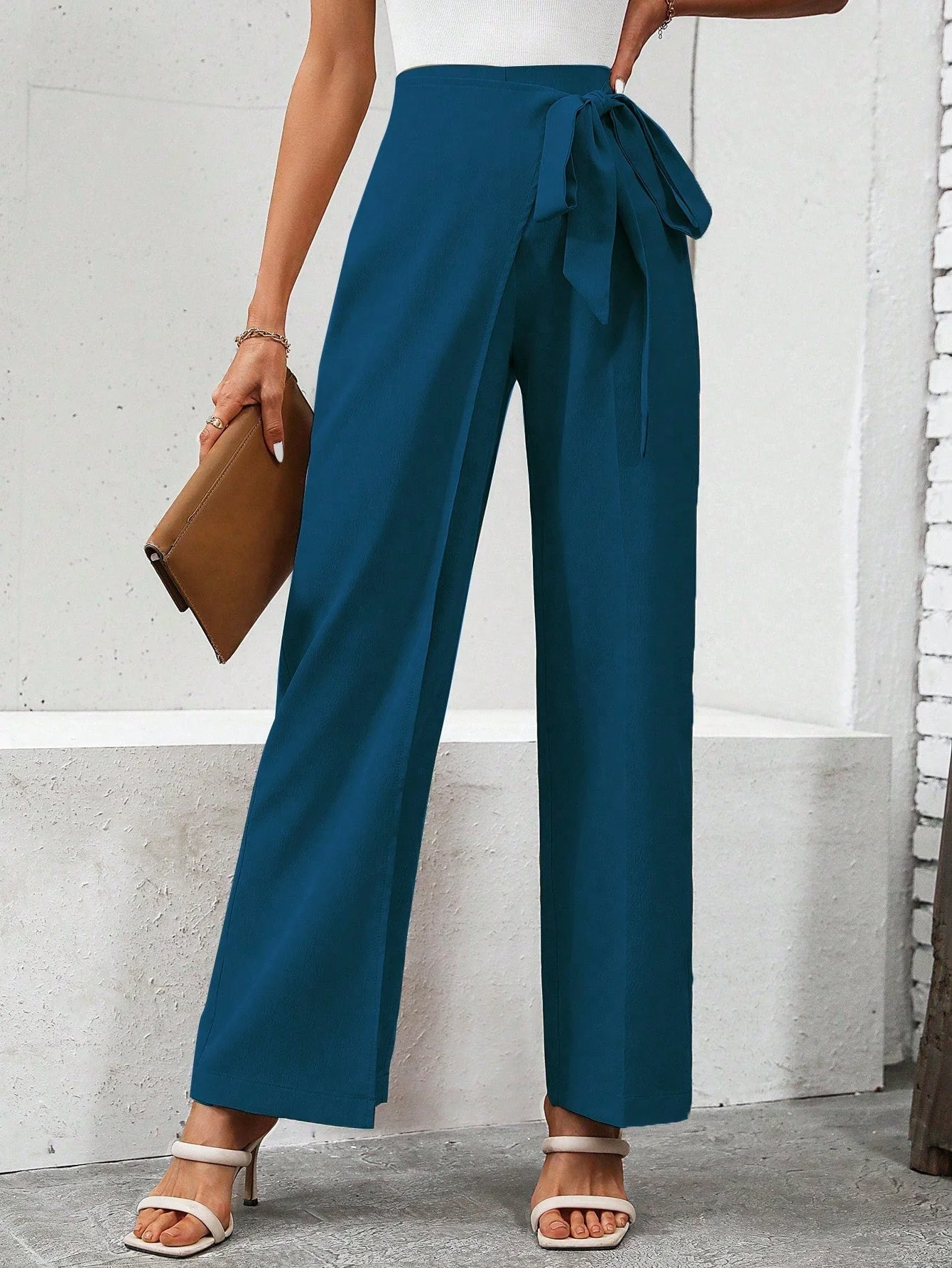 Solid Color Wrapped Tie Straight-Leg Pants - Image 8