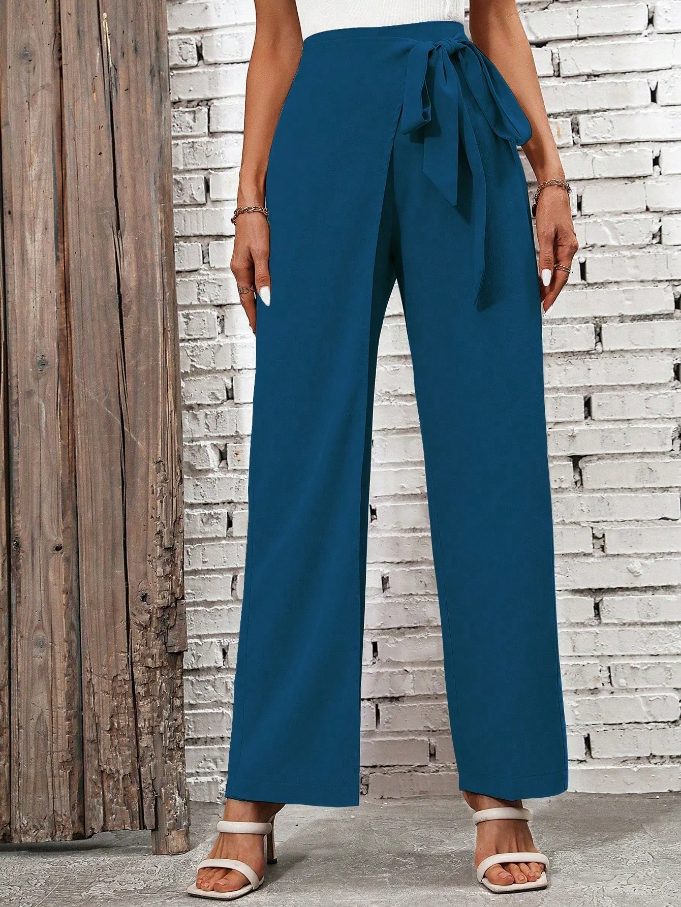 Solid Color Wrapped Tie Straight-Leg Pants - Image 9